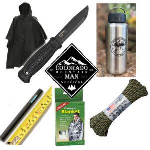 Mini survival kit with knife, poncho, Klean Kanteen, emergency blanket, ferro rod, paracord, and Colorado Mountain Man Survival logo