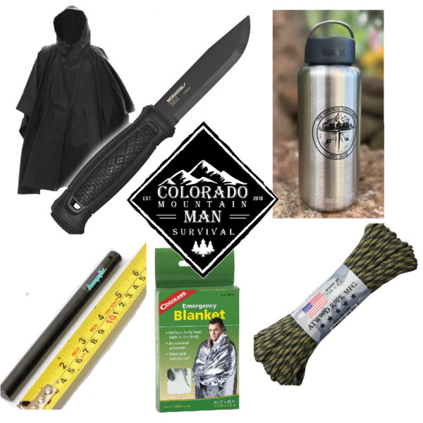 Mini survival kit with knife, poncho, Klean Kanteen, emergency blanket, ferro rod, paracord, and Colorado Mountain Man Survival logo