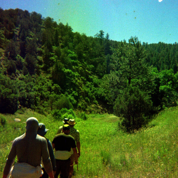 A group of people hike through a lush green mountain valley under a clear blue sky.
