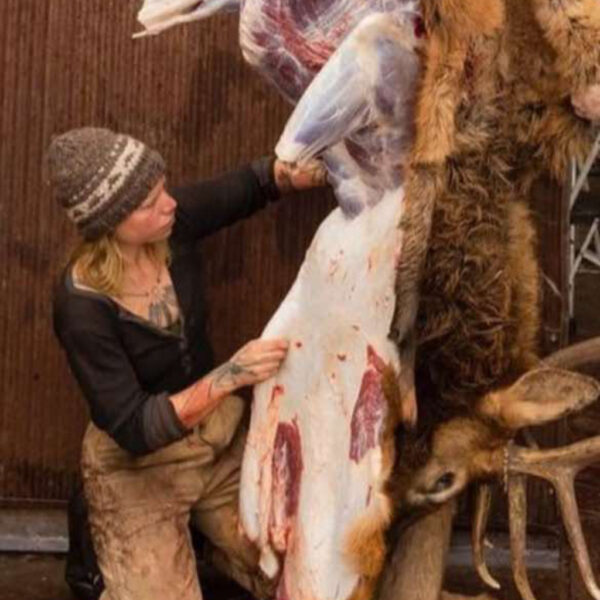 A woman, Bartle, kneels while skinning a large elk hanging in a processing area. She wears a knit hat, work pants, and a black long-sleeve shirt. The partially skinned animal reveals the muscle structure beneath the hide. Blood is visible on the floor and her hands.