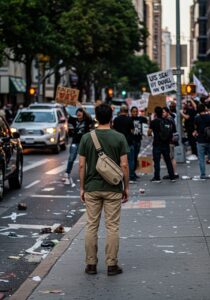 Individual calmly observing a chaotic urban scene with crowds and stalled traffic