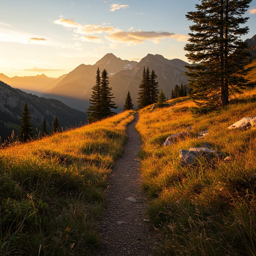 Golden hour mountain trail with glowing grasses and pine trees under a warm sunset sky