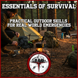 Person using a ferro rod to start a fire under a suspended pot at a forest campsite, with tents, backpacks, and gear visible around. Another person filters water in the background. Text reads “Essentials of Survival – Practical Outdoor Skills for Real-World Emergencies” with The Survival University logo at the bottom.