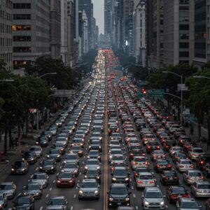 City street in total gridlock with smoke in the distance and drivers trapped in place