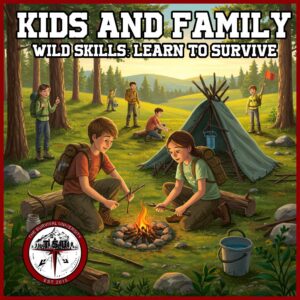 Children and parents practicing survival skills at a forest campsite, including fire-building, shelter setup, and outdoor teamwork during a family wilderness training class.