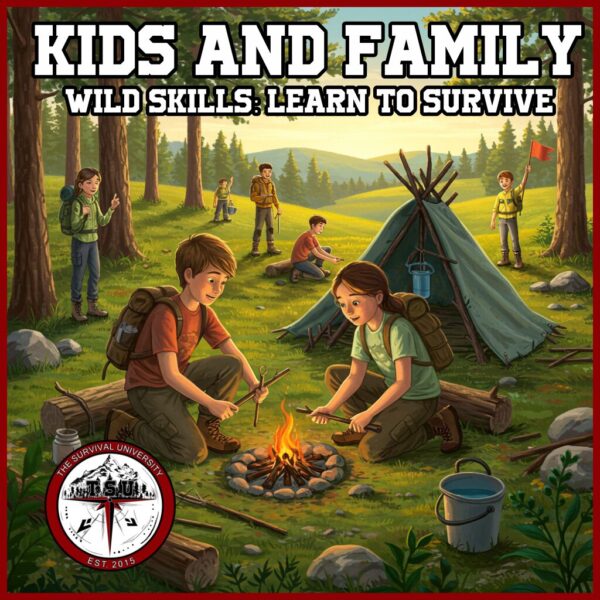 Children and parents practicing survival skills at a forest campsite, including fire-building, shelter setup, and outdoor teamwork during a family wilderness training class.