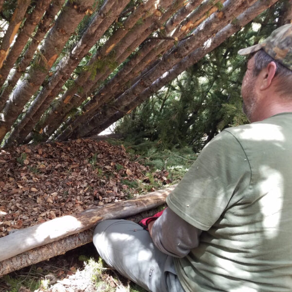 A man in a green shirt and camouflage hat sits inside a primitive lean-to shelter made of pine logs, observing a raised bed covered with leaves for insulation.