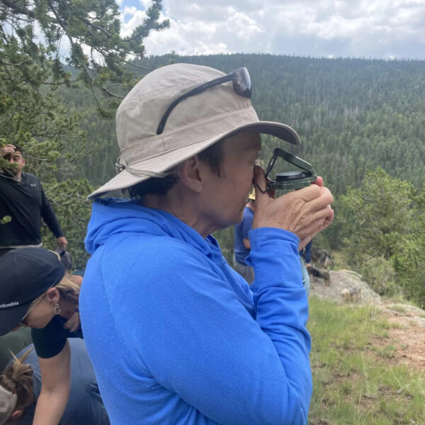 A person in a blue jacket uses a compass to take a bearing while standing on a grassy overlook above a pine forest.