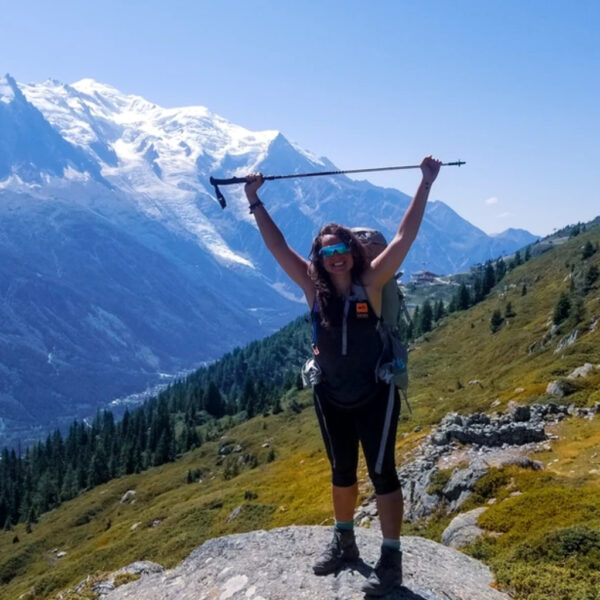 A joyful hiker stands on a boulder with trekking poles raised high against a stunning alpine backdrop of snow-capped peaks and lush green valleys.