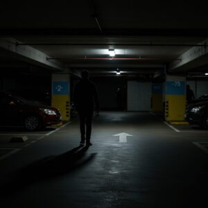 Person alone in a dim parking garage with a shadowy figure in the background