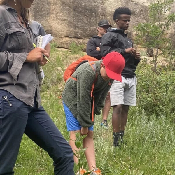 A young boy in a red cap and blue shorts closely examines a wild plant during an outdoor educational walk, while adults around him observe and take notes in a rocky mountain setting.