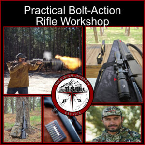 Man fires bolt-action rifle; workshop collage includes rifles, ammo, and outdoor shooting scenes.
