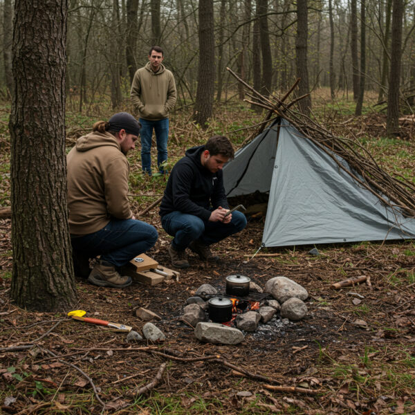 Three men at a woodland survival camp, with two crouched near a tarp-and-stick shelter beside a small campfire where pots are boiling. An axe lies nearby on the forest floor, and one man stands observing with hands in his pockets.