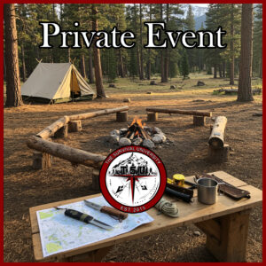 Mountain forest clearing with a tarp shelter, campfire setup, and survival tools on a wooden table. Peaceful and ready for a wilderness training session, with no people present.