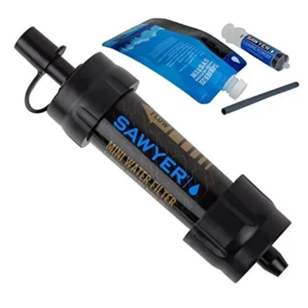 Sawyer Mini water filter system with squeeze pouch, straw, and backflush syringe