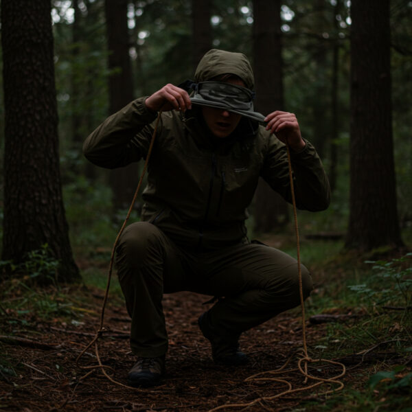 Person in olive green outdoor gear squats in a forest while removing a blindfold, holding a rope in both hands during a SERE training exercise. The lighting is low, emphasizing the serious tone of the scenario.