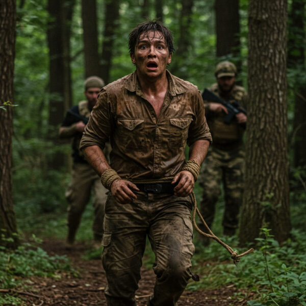 Man in muddy clothes with bound wrists runs through a forest with a look of fear and determination, while armed figures in camouflage pursue him from behind during a high-intensity evasion drill.