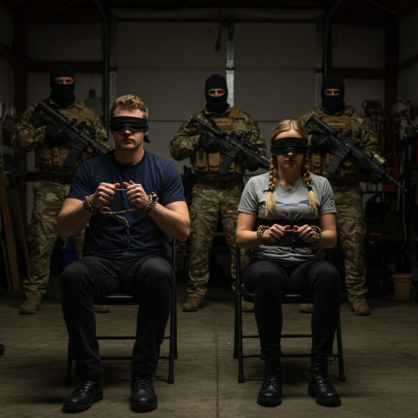 Blindfolded man and woman sit handcuffed in chairs, working on escape tools during a simulated captivity scenario. Four masked instructors in tactical gear stand behind them with rifles in a dimly lit training room.