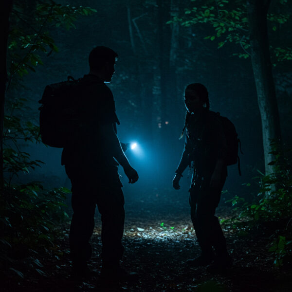 Two people wearing backpacks navigate through a dark forest at night, one holding a flashlight that illuminates the path ahead. They are silhouetted by the soft blue glow of the light, surrounded by dense trees and foliage.