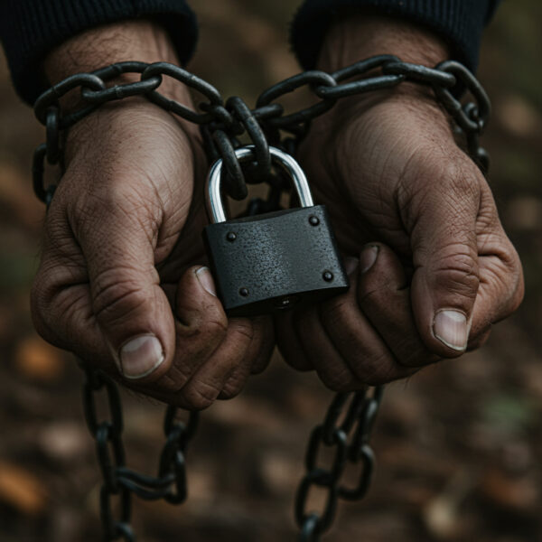Close-up of two hands bound tightly with heavy black chains secured by a padlock. The person’s knuckles are dirty and worn, indicating physical exertion or time spent outdoors.