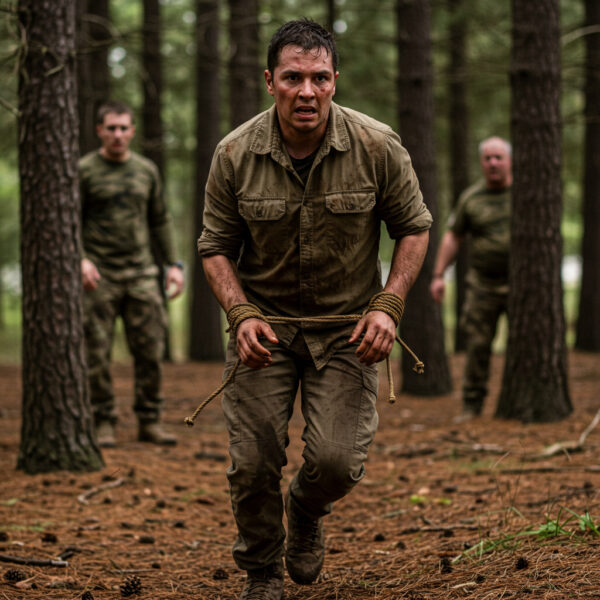 Man in a tan shirt with his hands bound runs through a pine forest, looking focused and determined, while three men in camouflage pursue him during a SERE evasion scenario.