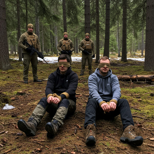 Two blindfolded men with their hands bound sit on the forest floor during a simulated captivity scenario, with four instructors in tactical gear standing behind them holding training rifles.