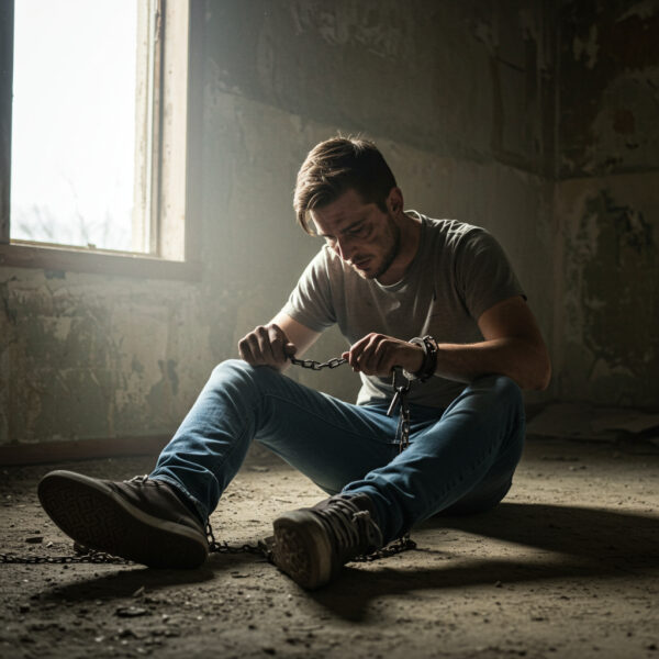 Man sitting on the dusty floor of an abandoned room, wearing handcuffs and chains. He looks down with determination, trying to break free, with light streaming in through a nearby window.