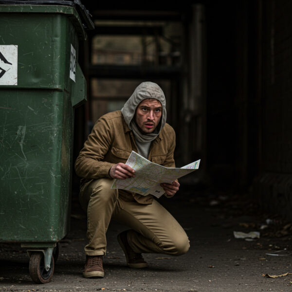 Man crouching beside a green dumpster in a dark alley, holding a map and looking alert. He wears a tan jacket and hoodie, appearing cautious and aware of his surroundings, as if navigating an escape route.