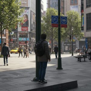 Alert person scanning a busy urban street intersection with people and traffic in motion