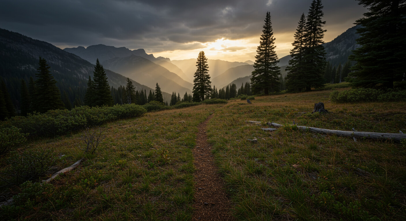 Somber Trail into the Mountains at Dusk