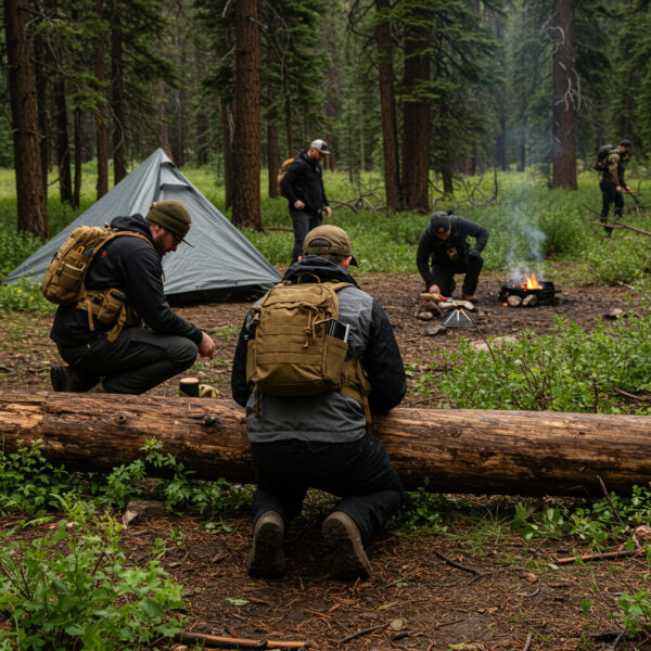 Group of men wearing backpacks gather around a forest campsite with a small fire and tarp shelter. Some are kneeling, working on gear, while others tend to the fire in a lush green woodland setting.