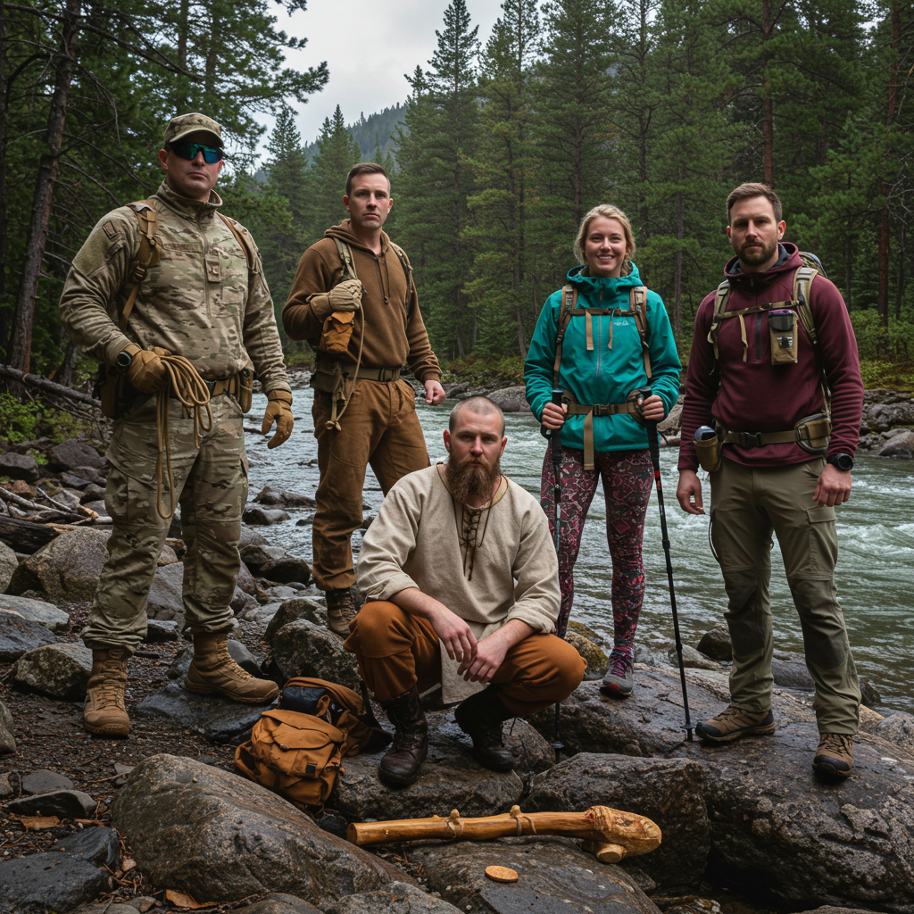 Five wilderness survival instructors stand beside a river in forested mountains, dressed in a mix of modern and traditional outdoor gear