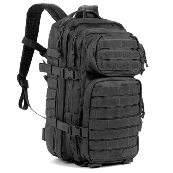 Black tactical survival backpack with multiple compartments and MOLLE webbing