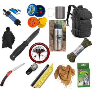 Top-down view of The Survival University's Standard Survival Kit gear including knife, backpack, water filter, firestarter, poncho, titanium mug, cordage, and more