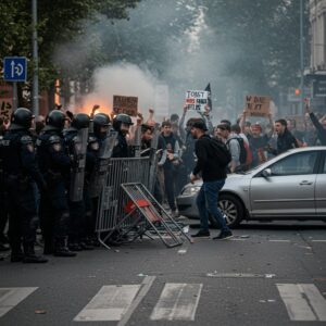 Riot police and protestors face off on a tense city street with smoke in the background