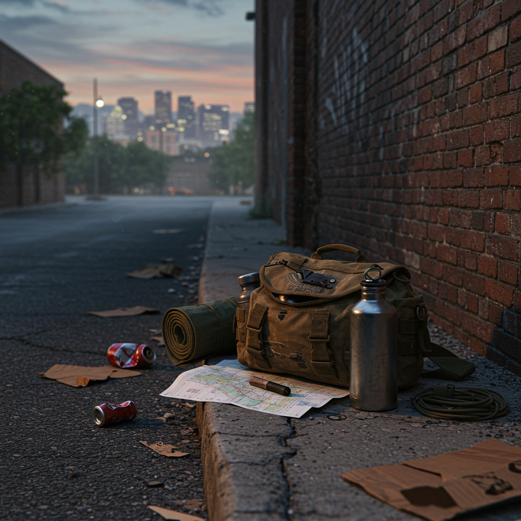 Weathered get-home bag with tarp and metal bottle on a cracked Denver curb, next to a crumpled city map, against a graffiti-tagged brick wall at dusk, with faint mountains in the hazy skyline.