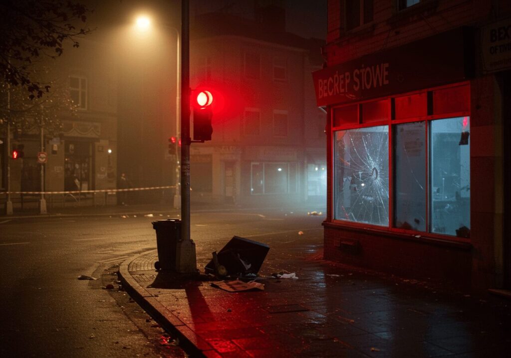 Empty city street at night with signs of recent unrest, including broken windows and scattered debris