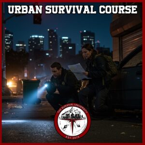 Man and woman crouching behind an abandoned car in a dark urban street, scanning their surroundings with a flashlight and map. The city shows signs of recent disruption with tipped trash bins and darkened buildings, creating a tense, prepared atmosphere.