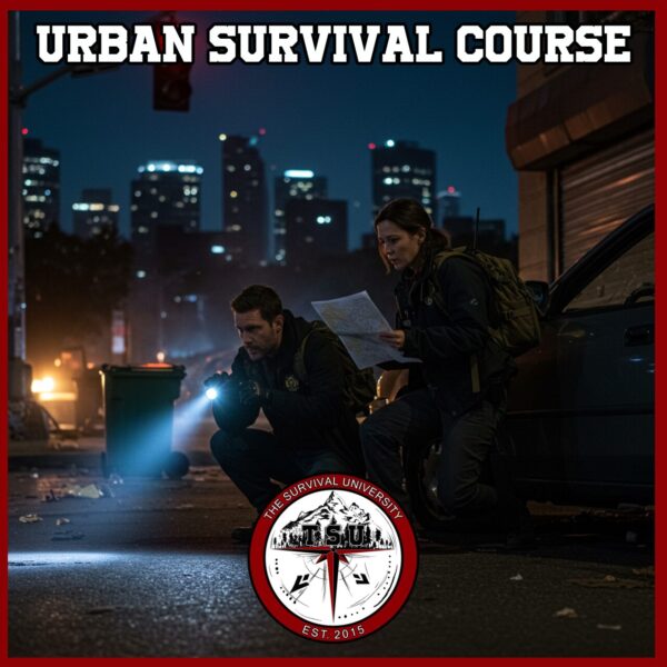 Man and woman crouching behind an abandoned car in a dark urban street, scanning their surroundings with a flashlight and map. The city shows signs of recent disruption with tipped trash bins and darkened buildings, creating a tense, prepared atmosphere.