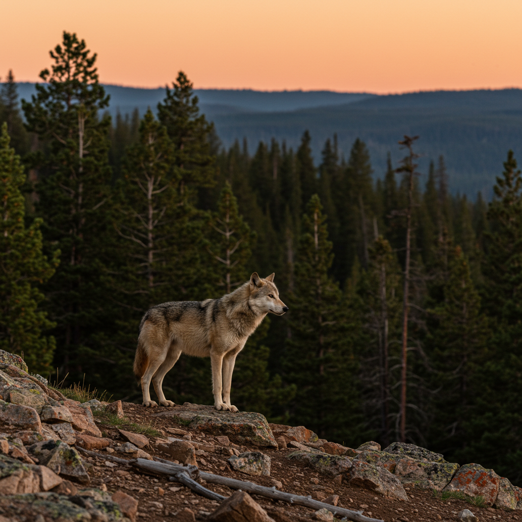 A lone gray wolf standing on a rocky ridge in Colorado, overlooking a dense pine forest at dusk. The sky has warm sunset hues, casting a glow on the wolf’s fur. The wolf appears alert, ears perked, as if scanning the land below.