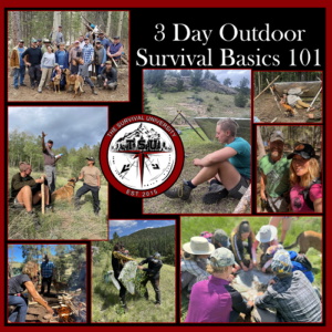 Collage of students participating in The Survival University’s 3 Day Outdoor Survival Basics 101 course. Scenes include group photo with instructors and dogs, students building shelters, practicing fire craft, learning with hands-on instruction, and working together in wilderness scenarios. The center features The Survival University logo with text reading '3 Day Outdoor Survival Basics 101' at the top.