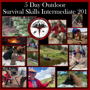 Collage of students participating in The Survival University’s 5 Day Outdoor Survival Skills Intermediate 201 course. Activities include primitive shelter building, fire-making with bow drills, knife carving, water crossing in a raft, group instruction, and outdoor medical training. Center features The Survival University logo with course title at the top.