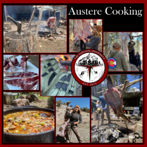 Collage of scenes from The Survival University’s Austere Cooking course, featuring students field dressing and processing large game animals, cooking meat over open fires, using outdoor kitchen setups, displaying knives and tools, and preparing a hearty stew in a cast iron pot. Center includes The Survival University logo with the course title 'Austere Cooking' at the top.