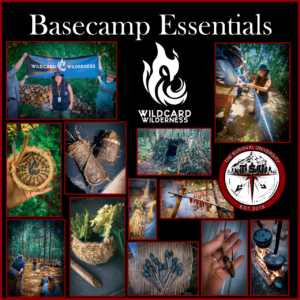 Collage of wilderness living skills from The Survival University’s Basecamp Essentials course, featuring natural shelters, primitive baskets, fire-cooked food, herbal bundles, cordage, and tools made from wild materials in partnership with Wildcard Wilderness.