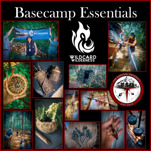 Collage of wilderness living skills from The Survival University’s Basecamp Essentials course, featuring natural shelters, primitive baskets, fire-cooked food, herbal bundles, cordage, and tools made from wild materials in partnership with Wildcard Wilderness.