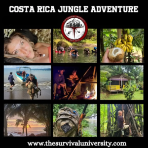 A collage of nine photos showcasing highlights from The Survival University’s Costa Rica Jungle Adventure, including ocean arrival, jungle exploration, fireside moments, wild foods, tropical cabins, and a lush rainforest setting.