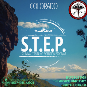 Promotional graphic for S.T.E.P. (Survival Training Expedition Program) in Colorado, featuring mountains, trees, and program details.