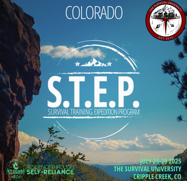 Promotional graphic for S.T.E.P. (Survival Training Expedition Program) in Colorado, featuring mountains, trees, and program details.