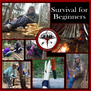 Collage of students learning basic wilderness survival skills at The Survival University. Activities include fire building, shelter construction, knot tying, gear preparation, and using knives. Center logo reads 'The Survival University – EST. 2015'. Text in top right corner reads 'Survival for Beginners'.