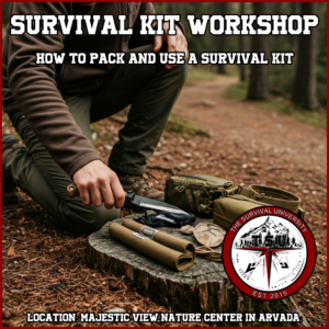 A person kneeling in a forest setting opens and displays items from a survival kit, including a knife, paracord, and various pouches. The image promotes a "Survival Kit Workshop" by The Survival University, with the location listed as Majestic View Nature Center in Arvada.